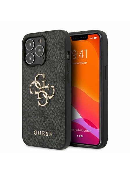 Guess PU 4G Metal Logo Zadní Kryt pro iPhone 13 Pro Grey Obal na telefón