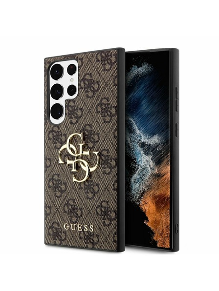 Guess Guess PU 4G kovový zadný kryt s logom pre Samsung Galaxy S23 Ultra Brown