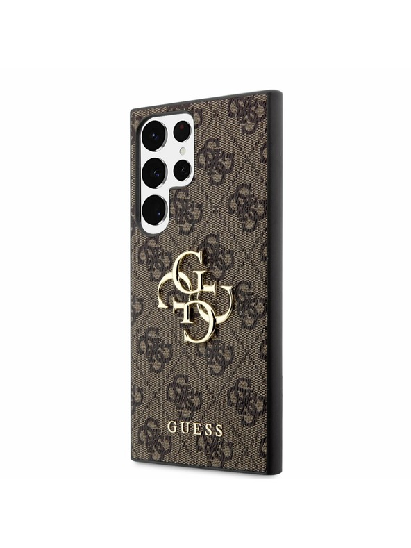 Guess Guess PU 4G kovový zadný kryt s logom pre Samsung Galaxy S23 Ultra Brown