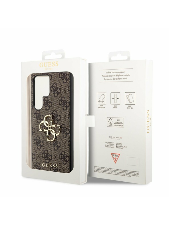 Guess Guess PU 4G kovový zadný kryt s logom pre Samsung Galaxy S23 Ultra Brown