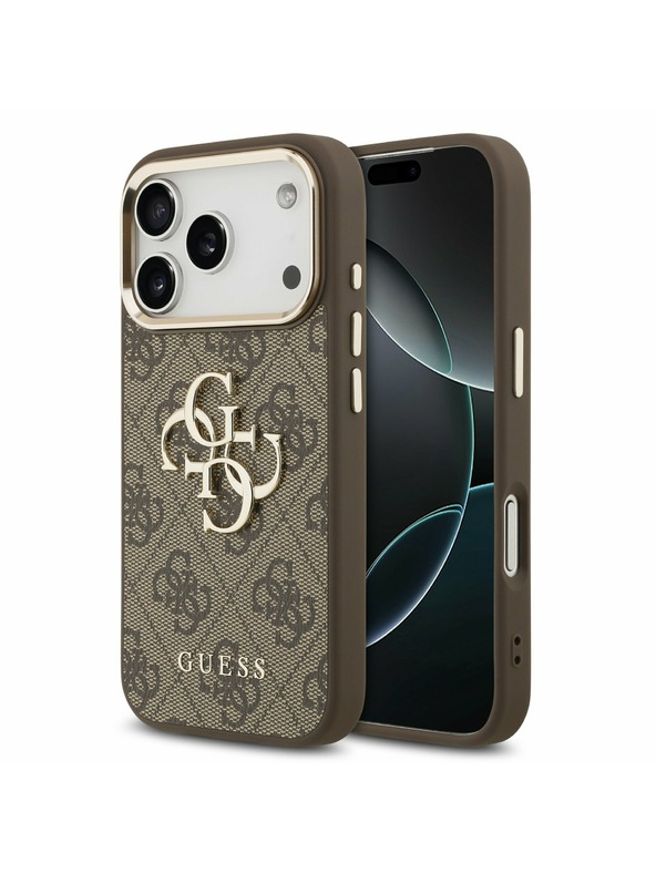 Guess Guess PU Leather 4G Metal Logo Gold Frame Zadný Kryt pre iPhone 17 Pro Brown