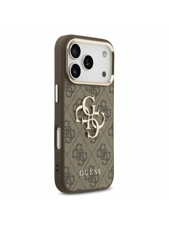 Guess Guess PU Leather 4G Metal Logo Gold Frame Zadný Kryt pre iPhone 17 Pro Brown