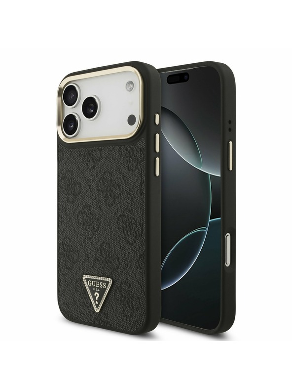 Guess Guess PU Leather 4G Strass Triangle Logo Gold Frame MagSafe Zadný Kryt pre iPhone 17 Pro Max Black