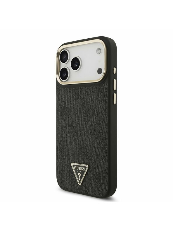 Guess Guess PU Leather 4G Strass Triangle Logo Gold Frame MagSafe Zadný Kryt pre iPhone 17 Pro Max Black