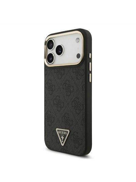 Guess Guess PU Leather 4G Strass Triangle Logo Gold Frame MagSafe Zadný Kryt pre iPhone 17 Pro Max Black
