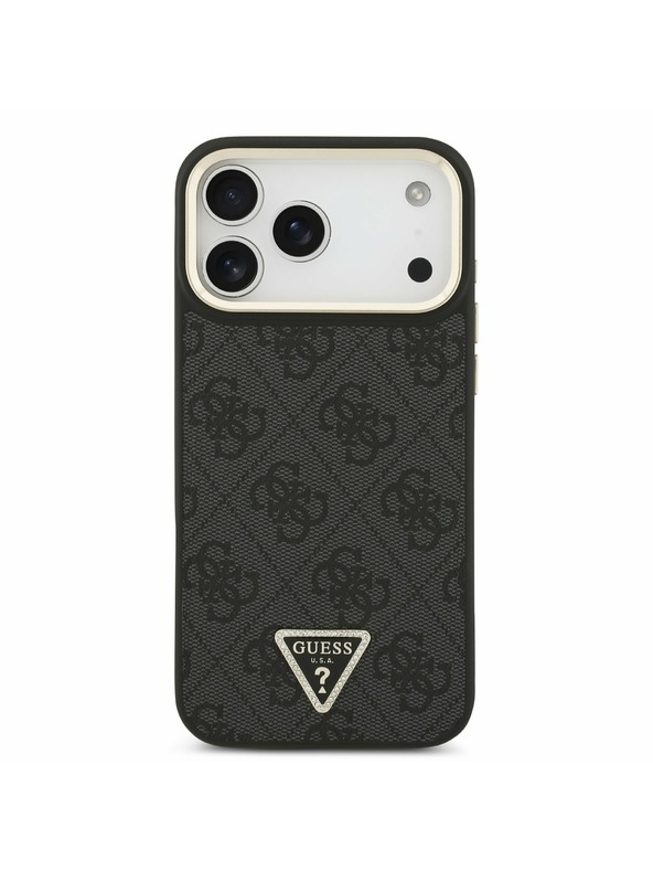 Guess Guess PU Leather 4G Strass Triangle Logo Gold Frame MagSafe Zadný Kryt pre iPhone 17 Pro Max Black