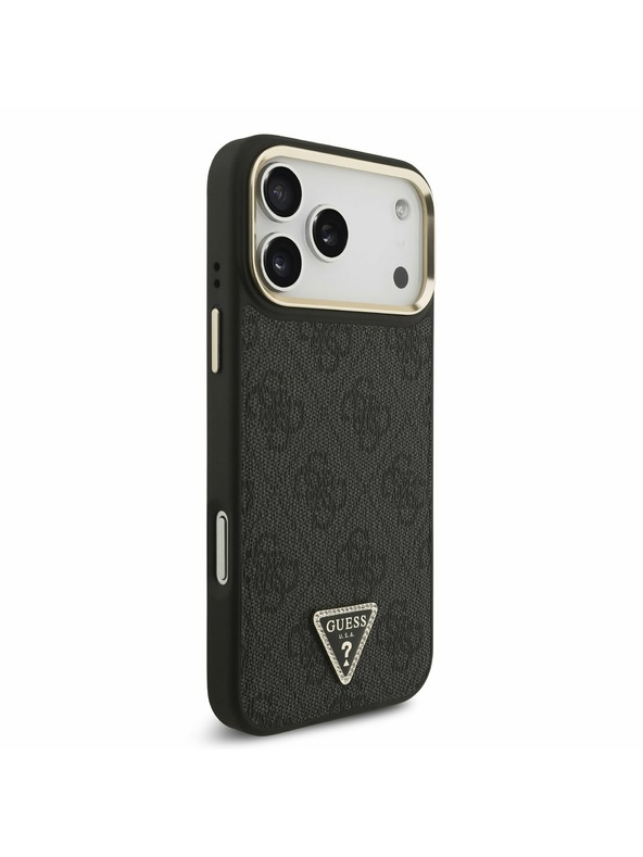 Guess Guess PU Leather 4G Strass Triangle Logo Gold Frame MagSafe Zadný Kryt pre iPhone 17 Pro Max Black