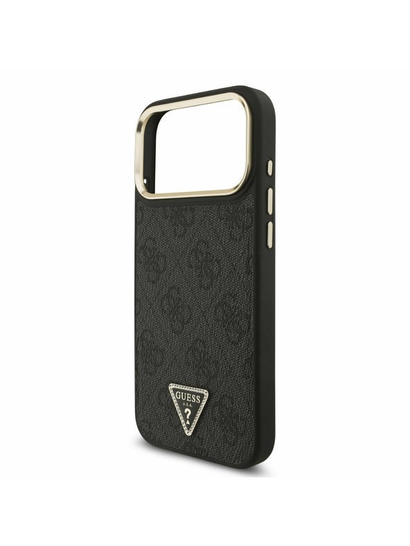 Guess Guess PU Leather 4G Strass Triangle Logo Gold Frame MagSafe Zadný Kryt pre iPhone 17 Pro Max Black