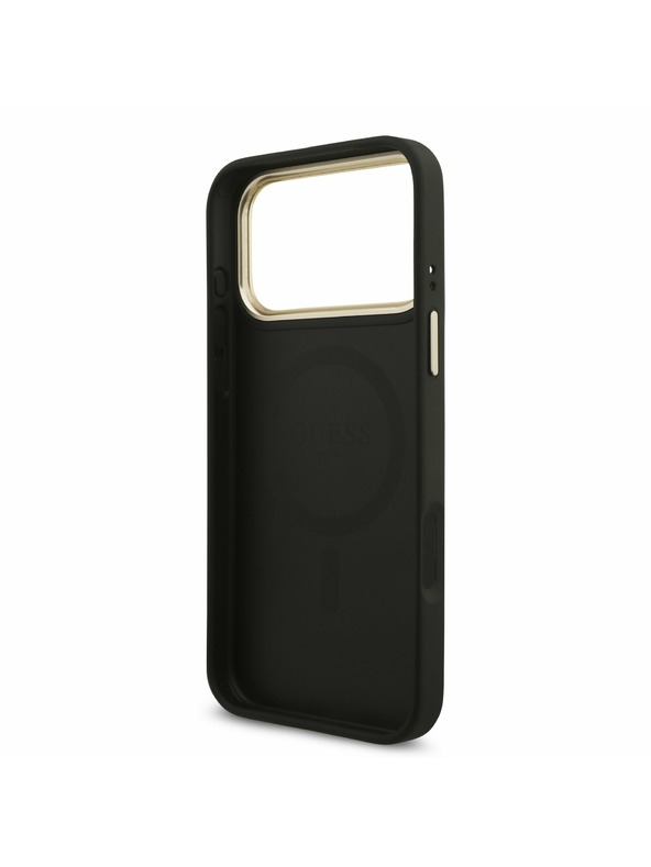 Guess Guess PU Leather 4G Strass Triangle Logo Gold Frame MagSafe Zadný Kryt pre iPhone 17 Pro Max Black