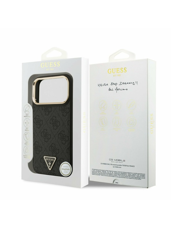 Guess Guess PU Leather 4G Strass Triangle Logo Gold Frame MagSafe Zadný Kryt pre iPhone 17 Pro Max Black