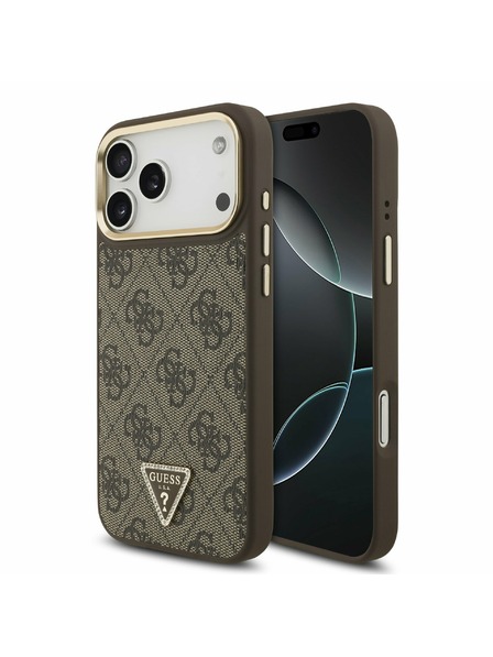 Guess Guess PU Leather 4G Strass Triangle Logo Gold Frame MagSafe Zadný Kryt pre iPhone 17 Pro Max Brown