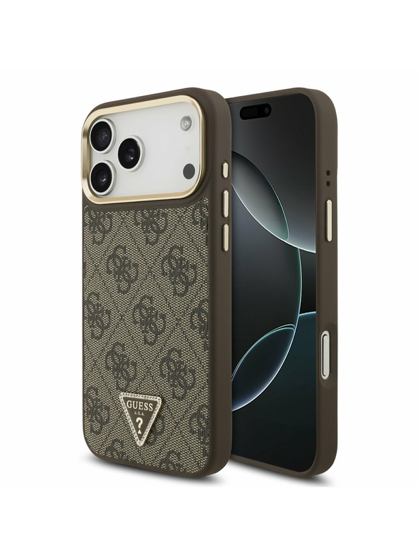 Guess Guess PU Leather 4G Strass Triangle Logo Gold Frame MagSafe Zadný Kryt pre iPhone 17 Pro Max Brown
