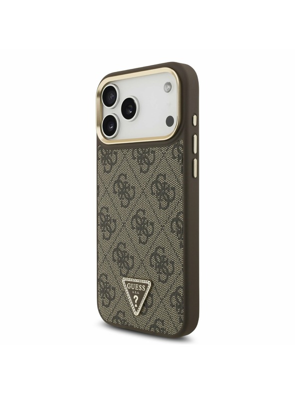 Guess Guess PU Leather 4G Strass Triangle Logo Gold Frame MagSafe Zadný Kryt pre iPhone 17 Pro Max Brown