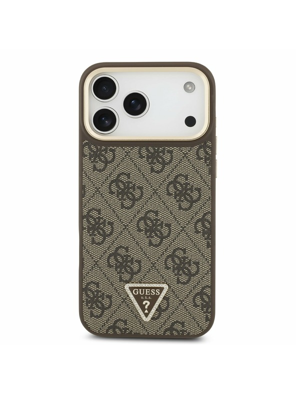 Guess Guess PU Leather 4G Strass Triangle Logo Gold Frame MagSafe Zadný Kryt pre iPhone 17 Pro Max Brown