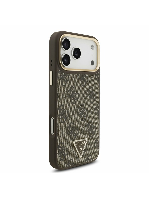 Guess Guess PU Leather 4G Strass Triangle Logo Gold Frame MagSafe Zadný Kryt pre iPhone 17 Pro Max Brown