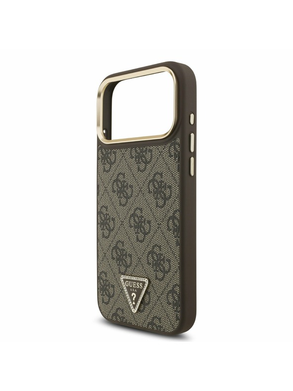 Guess Guess PU Leather 4G Strass Triangle Logo Gold Frame MagSafe Zadný Kryt pre iPhone 17 Pro Max Brown