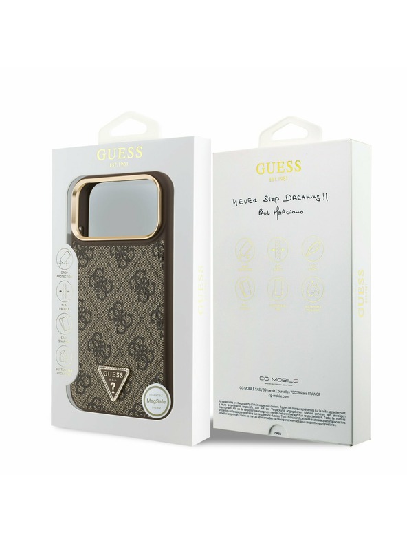 Guess Guess PU Leather 4G Strass Triangle Logo Gold Frame MagSafe Zadný Kryt pre iPhone 17 Pro Max Brown