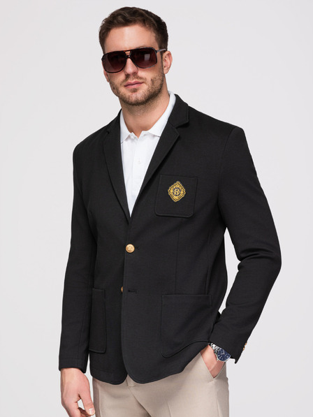 Ombre Clothing Pánske sako klasického slim fit strihu so zlatými gombíkmi a emblémom Heritage - čierne V2 OM-BLZB-0166 Ombre Clothing