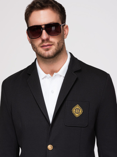 Ombre Clothing Pánske sako klasického slim fit strihu so zlatými gombíkmi a emblémom Heritage - čierne V2 OM-BLZB-0166 Ombre Clothing