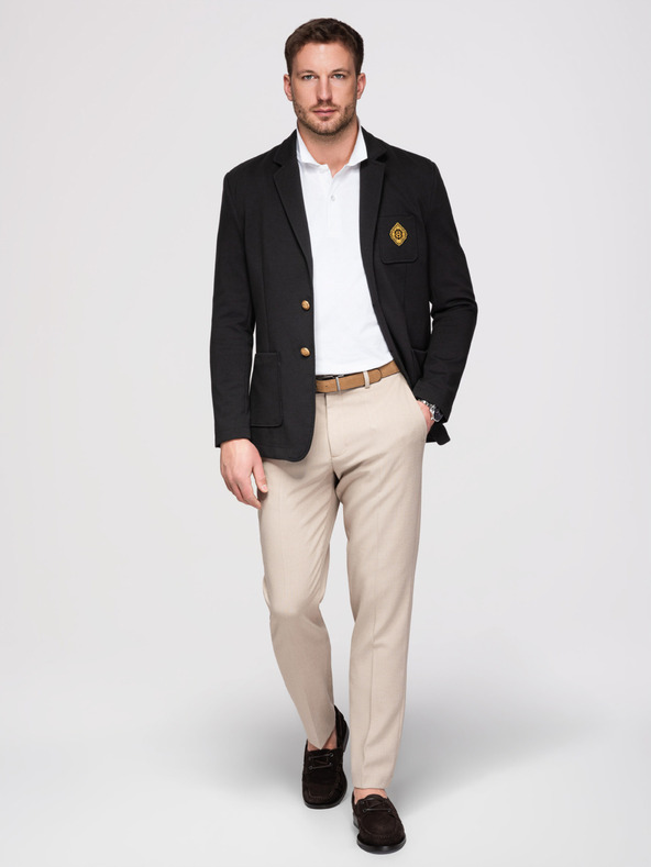 Ombre Clothing Pánske sako klasického slim fit strihu so zlatými gombíkmi a emblémom Heritage - čierne V2 OM-BLZB-0166 Ombre Clothing