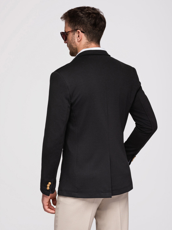 Ombre Clothing Pánske sako klasického slim fit strihu so zlatými gombíkmi a emblémom Heritage - čierne V2 OM-BLZB-0166 Ombre Clothing
