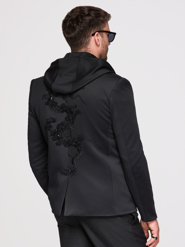 Ombre Clothing Pánska bunda s kapucňou a dračou aplikáciou na chrbte - čierna V1 OM-BLZB-0165 Ombre Clothing