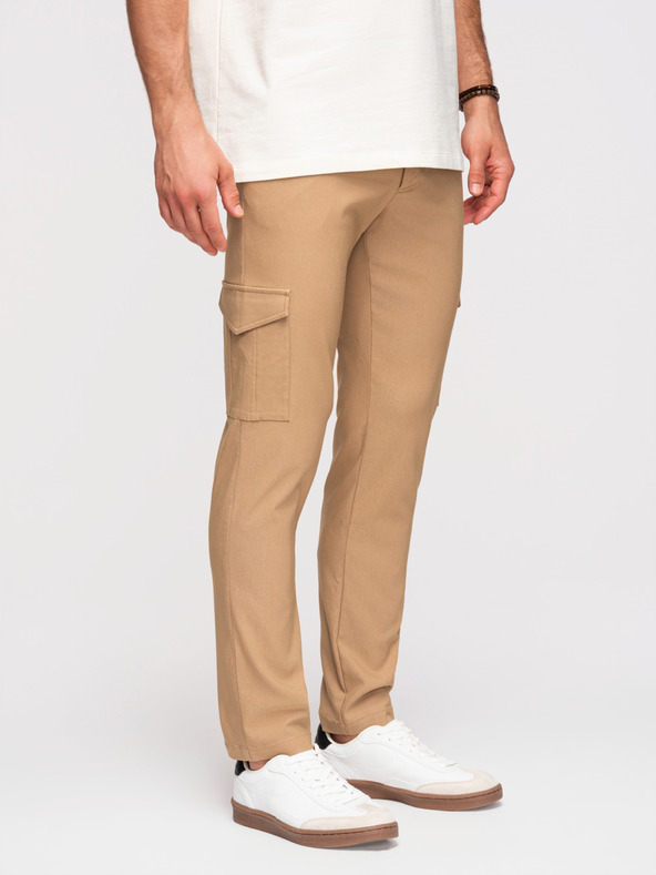 Ombre Clothing Pánske nohavice REGULAR s cargo vreckami - svetlohnedé V4 P1515 Ombre Clothing