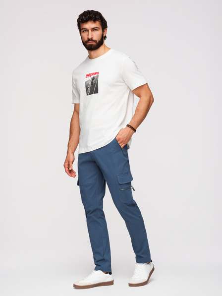 Ombre Clothing Pánske nohavice s rovnými nohavicami a vreckami na zips - tmavomodré V1 P1517 Ombre Clothing