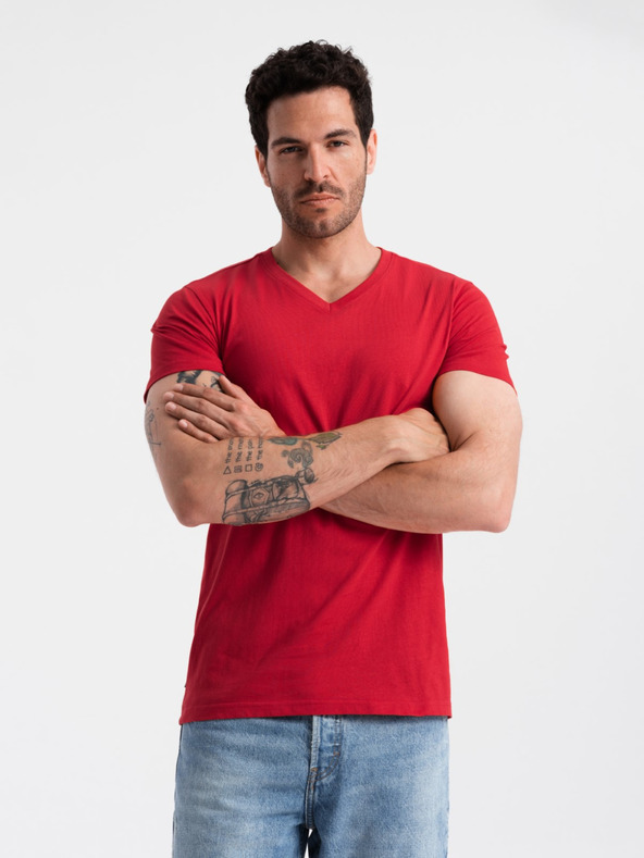Ombre Clothing Červené pánske bavlnené tričko so základným výstrihom Ombre Clothing