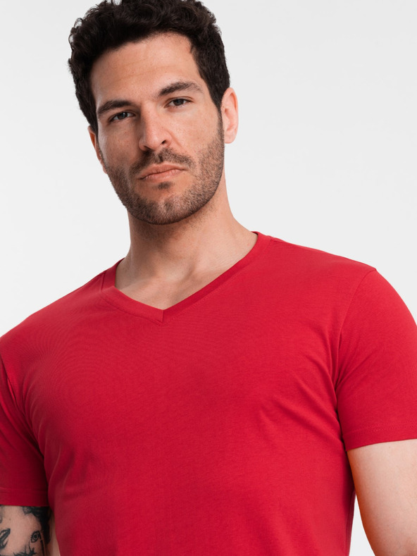 Ombre Clothing Červené pánske bavlnené tričko so základným výstrihom Ombre Clothing