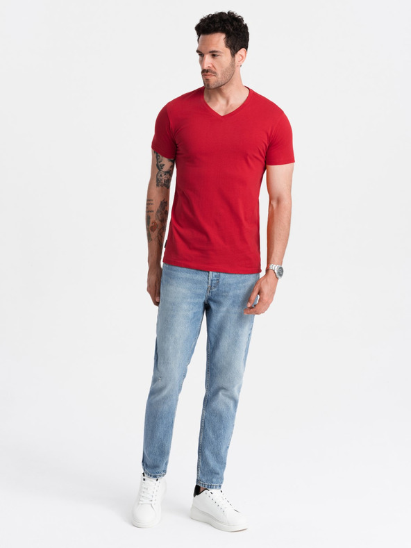 Ombre Clothing Červené pánske bavlnené tričko so základným výstrihom Ombre Clothing