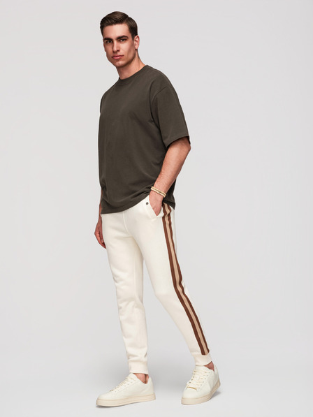 Ombre Clothing Pánske tepláky s lemovaním a žebrovanými nohavicami - krémová V3 P1519 Ombre Clothing