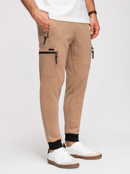 Ombre Clothing Pánske tepláky JOGGER s vreckami na stehnách a kontrastnými vsadkami - svetlo hnedá V4 OM-PASK-0222 Ombre Clothing