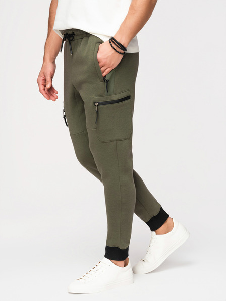 Ombre Clothing Pánske tepláky JOGGER s vreckami na stehnách a kontrastnými vsadkami - olivová V5 OM-PASK-0222 Ombre Clothing