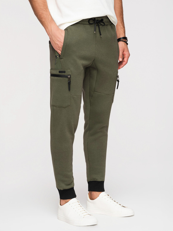 Ombre Clothing Pánske tepláky JOGGER s vreckami na stehnách a kontrastnými vsadkami - olivová V5 OM-PASK-0222 Ombre Clothing