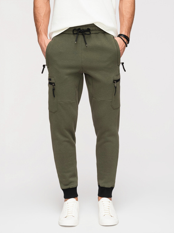 Ombre Clothing Pánske tepláky JOGGER s vreckami na stehnách a kontrastnými vsadkami - olivová V5 OM-PASK-0222 Ombre Clothing