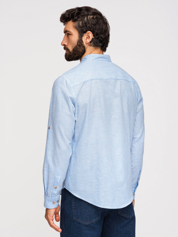 Ombre Clothing Pánska pruhovaná ľanová košeľa so stojáčikom - biela a modrá V2 OM-SHCS-0189 Ombre Clothing