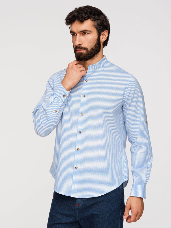 Ombre Clothing Pánska pruhovaná ľanová košeľa so stojáčikom - biela a modrá V2 OM-SHCS-0189 Ombre Clothing
