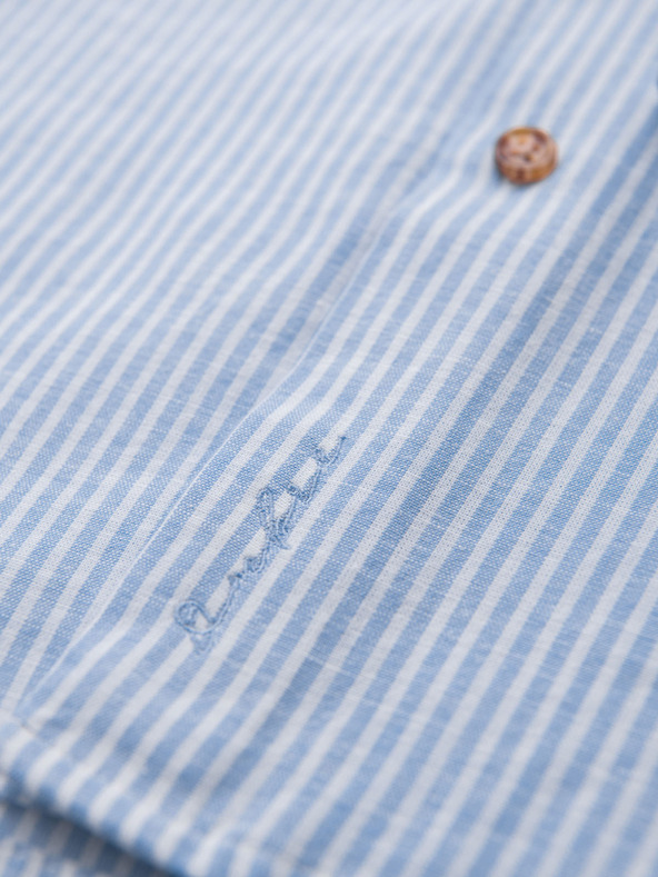 Ombre Clothing Pánska pruhovaná ľanová košeľa so stojáčikom - biela a modrá V2 OM-SHCS-0189 Ombre Clothing