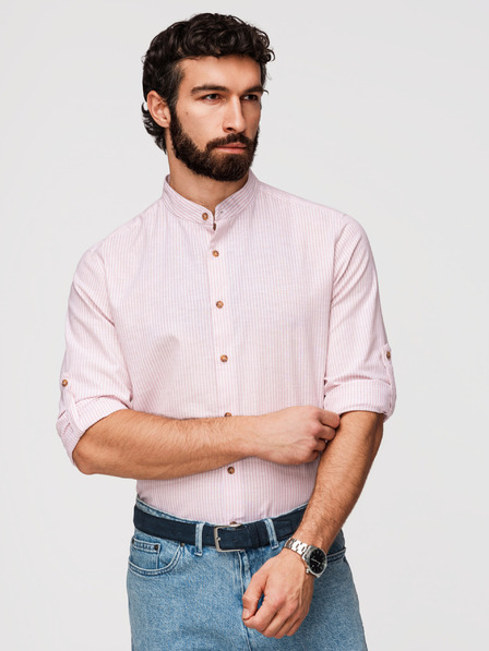 Ombre Clothing Pánska pruhovaná ľanová košeľa so stojáčikom - biela a ružová V3 OM-SHCS-0189 Ombre Clothing