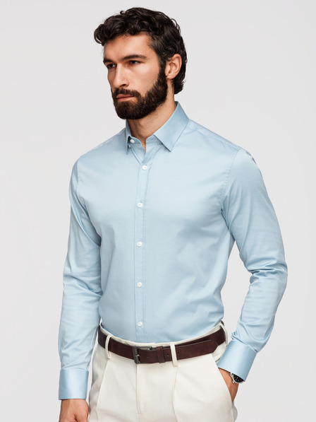 Ombre Clothing Pánska klasická košeľa SLIM FIT zo saténovej tkaniny - modrá V2 OM-SHOS-0211 Ombre Clothing