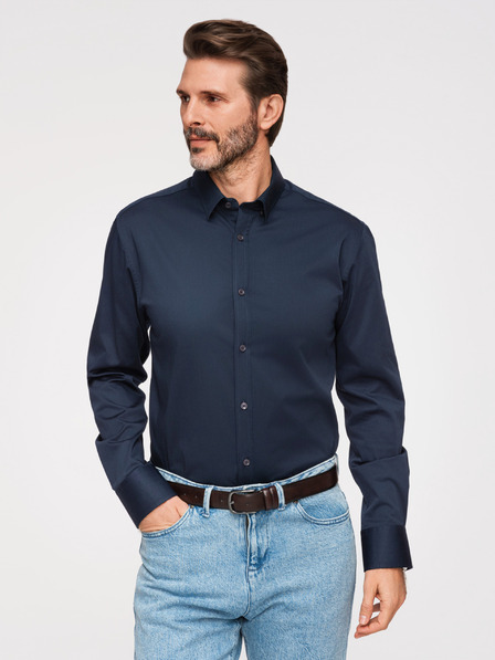 Ombre Clothing Pánska klasická košeľa SLIM FIT zo saténovej tkaniny - tmavo modrá V3 OM-SHOS-0211 Ombre Clothing