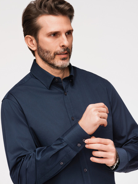 Ombre Clothing Pánska klasická košeľa SLIM FIT zo saténovej tkaniny - tmavo modrá V3 OM-SHOS-0211 Ombre Clothing