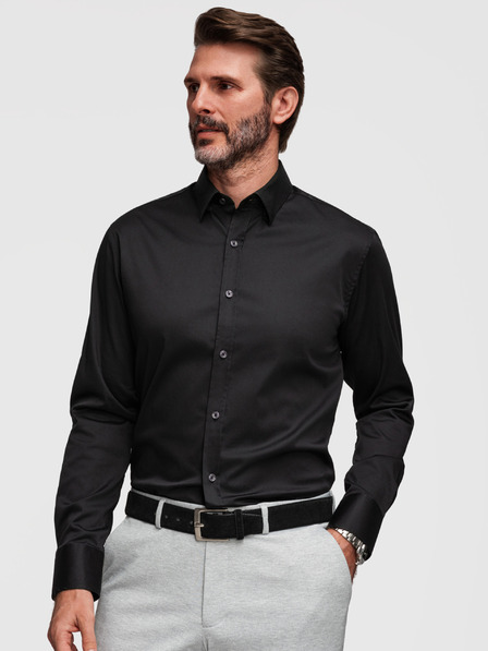 Ombre Clothing Klasická pánska košeľa SLIM FIT zo saténovej tkaniny - čierna V4 OM-SHOS-0211 Ombre Clothing