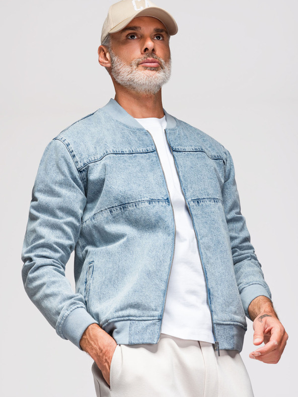 Ombre Clothing Pánska džínsová bunda bomber s efektom stone wash - svetlomodrá V3 OM-JADJ-0163 Ombre Clothing