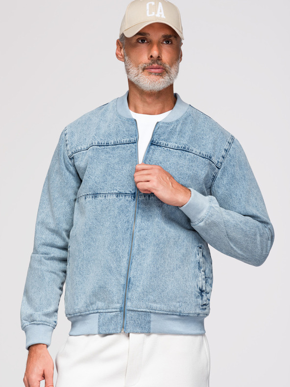 Ombre Clothing Pánska džínsová bunda bomber s efektom stone wash - svetlomodrá V3 OM-JADJ-0163 Ombre Clothing
