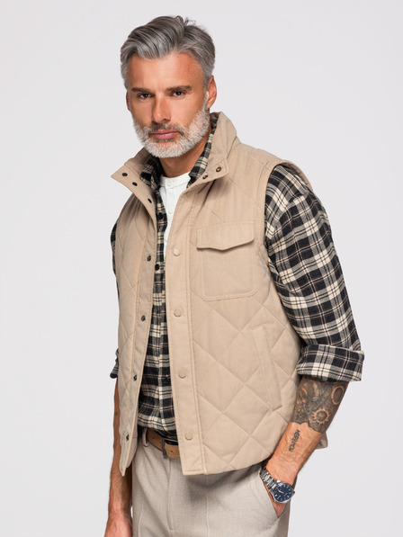 Ombre Clothing Pánska prešívaná vesta s broskyňovým efektom - béžová V1 OM-JAVJ-0277 Ombre Clothing