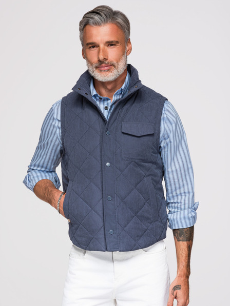 Ombre Clothing Pánska prešívaná bunda bez rukávov s broskyňovým efektom - tmavo modrá V2 OM-JAVJ-0277 Ombre Clothing