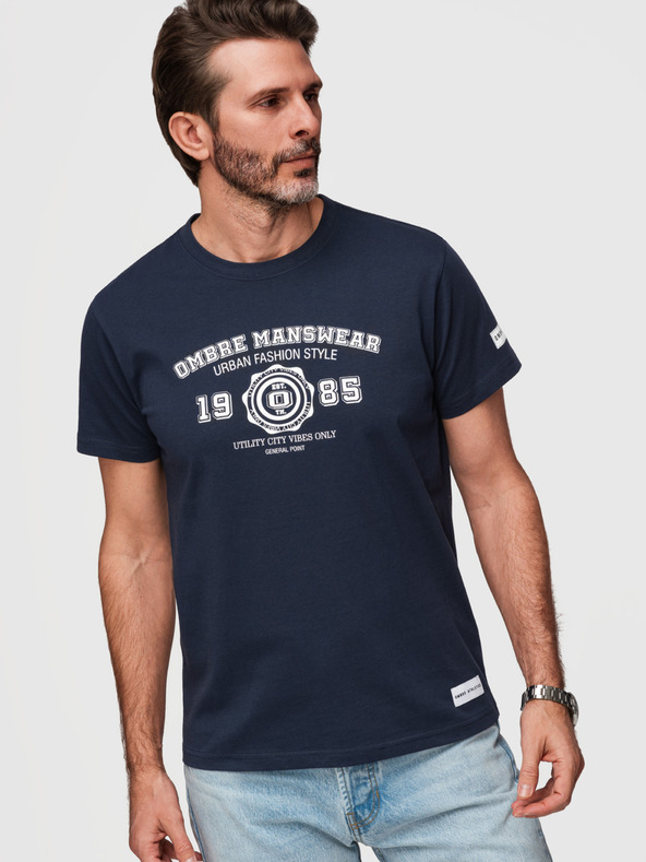 Ombre Clothing Pánske bavlnené tričko s potlačou v univerzitnom štýle - tmavo modré V3 OM-TSPT-0269 Ombre Clothing