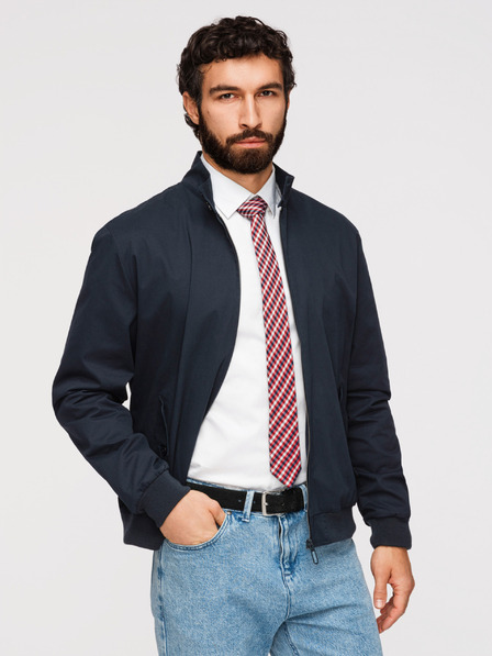 Ombre Clothing Pánska bunda Harrington so stojačekom a kockovanou podšívkou - tmavo modrá V2 OM-JANP-0326 Ombre Clothing